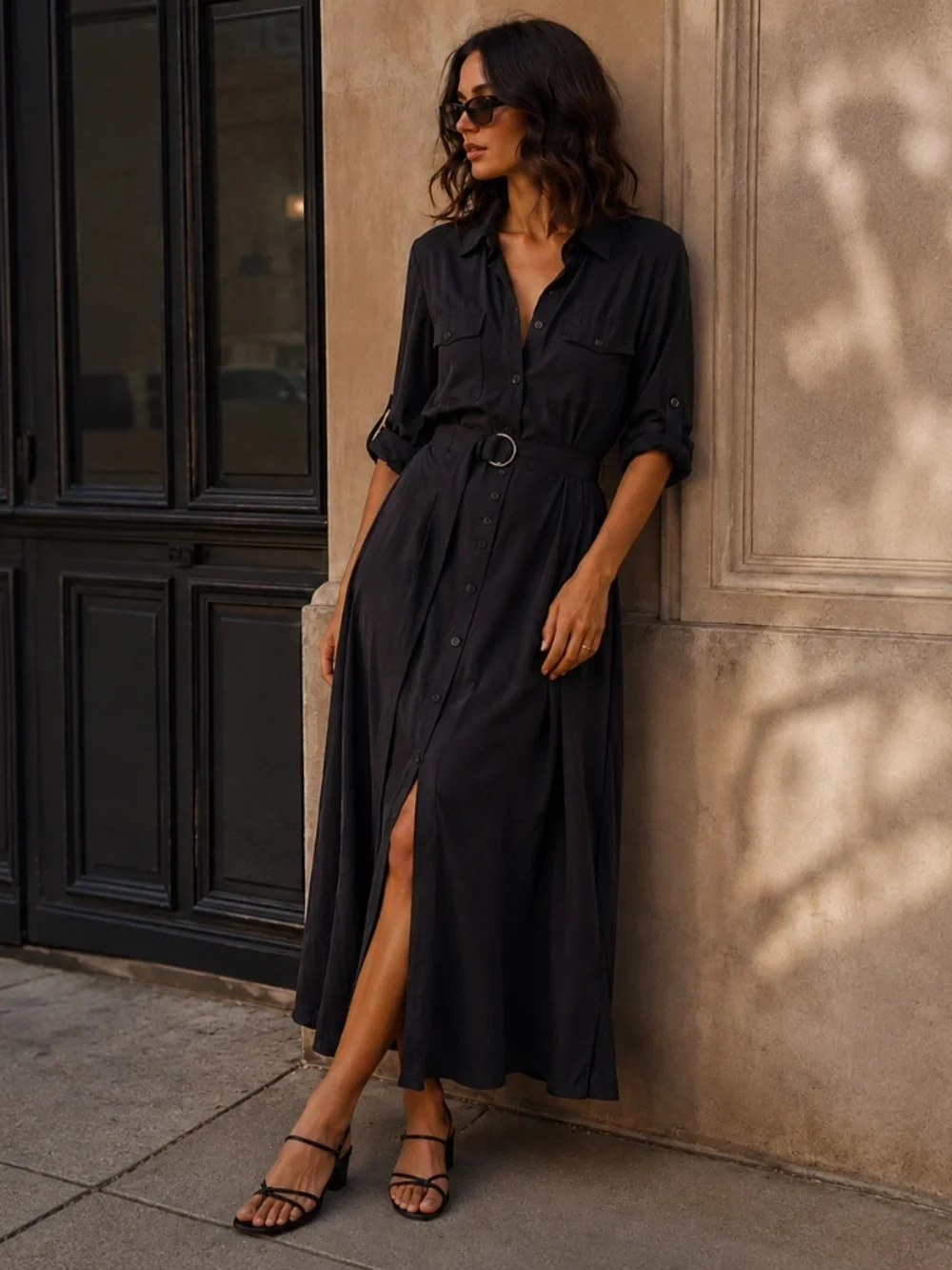 Topshop charcoal Button Shirt Dress Belted Utility Midi /Maxi Dress Roll Sleeve